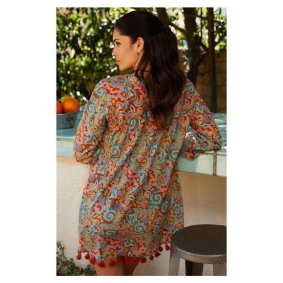 Roller Rabbit Orange Teal Rodez Serafina Boho Tassel Trim Relaxed Fit Tunic L - Picture 3 of 14